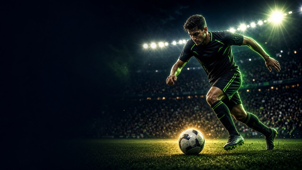 A footballer dribbling the ball under stadium floodlights